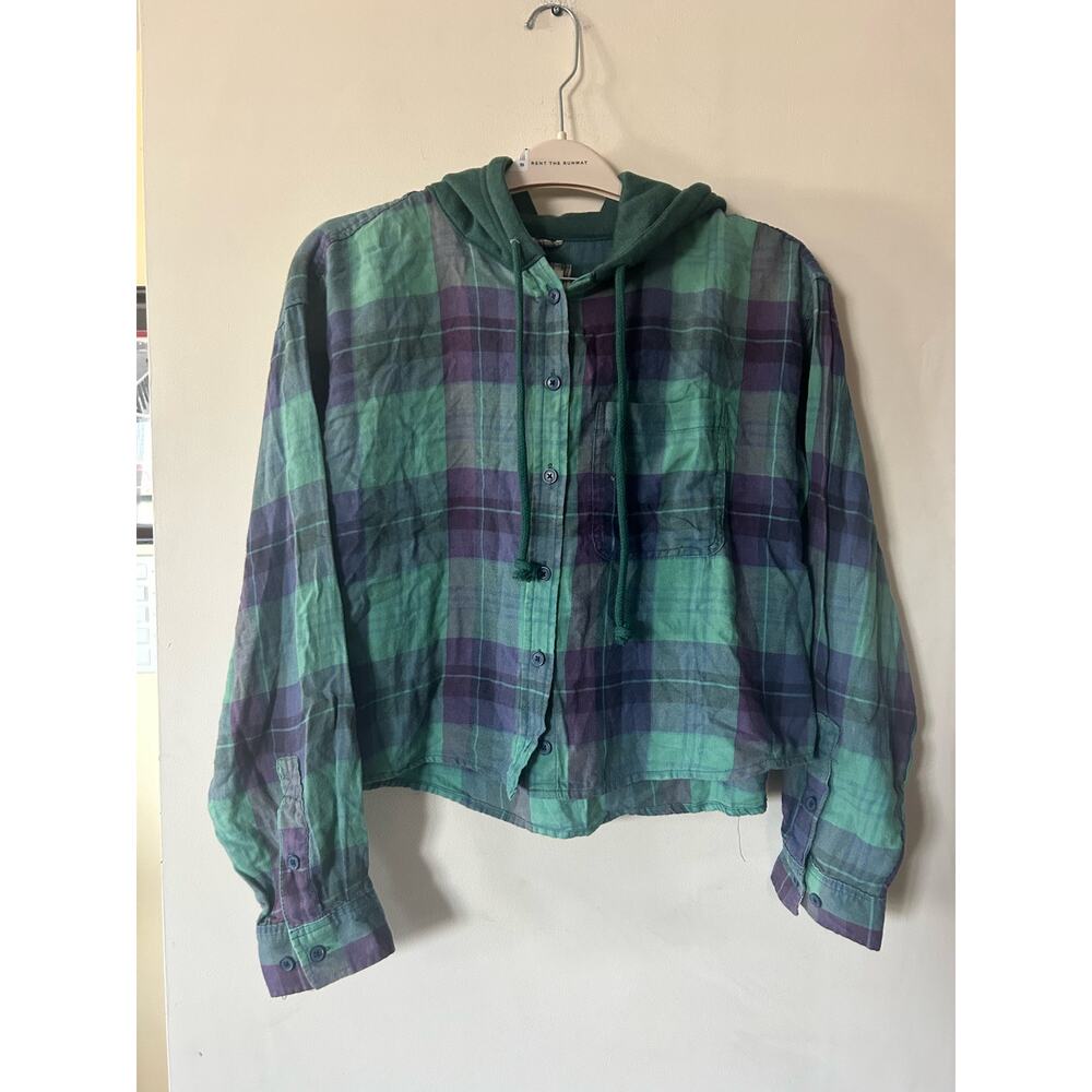 NWT $50 American Eagle Cropped Distressed Flannel Hoodie Plaid Sweatshirt Sz L